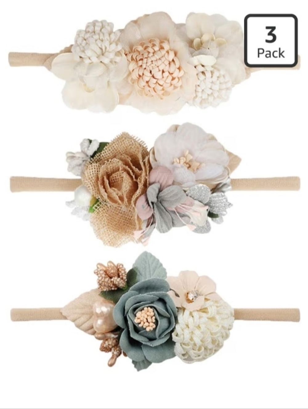 Floral Baby Nude Nylon Headband Set 3 Neutral Cream, Blush & Sage Newborn